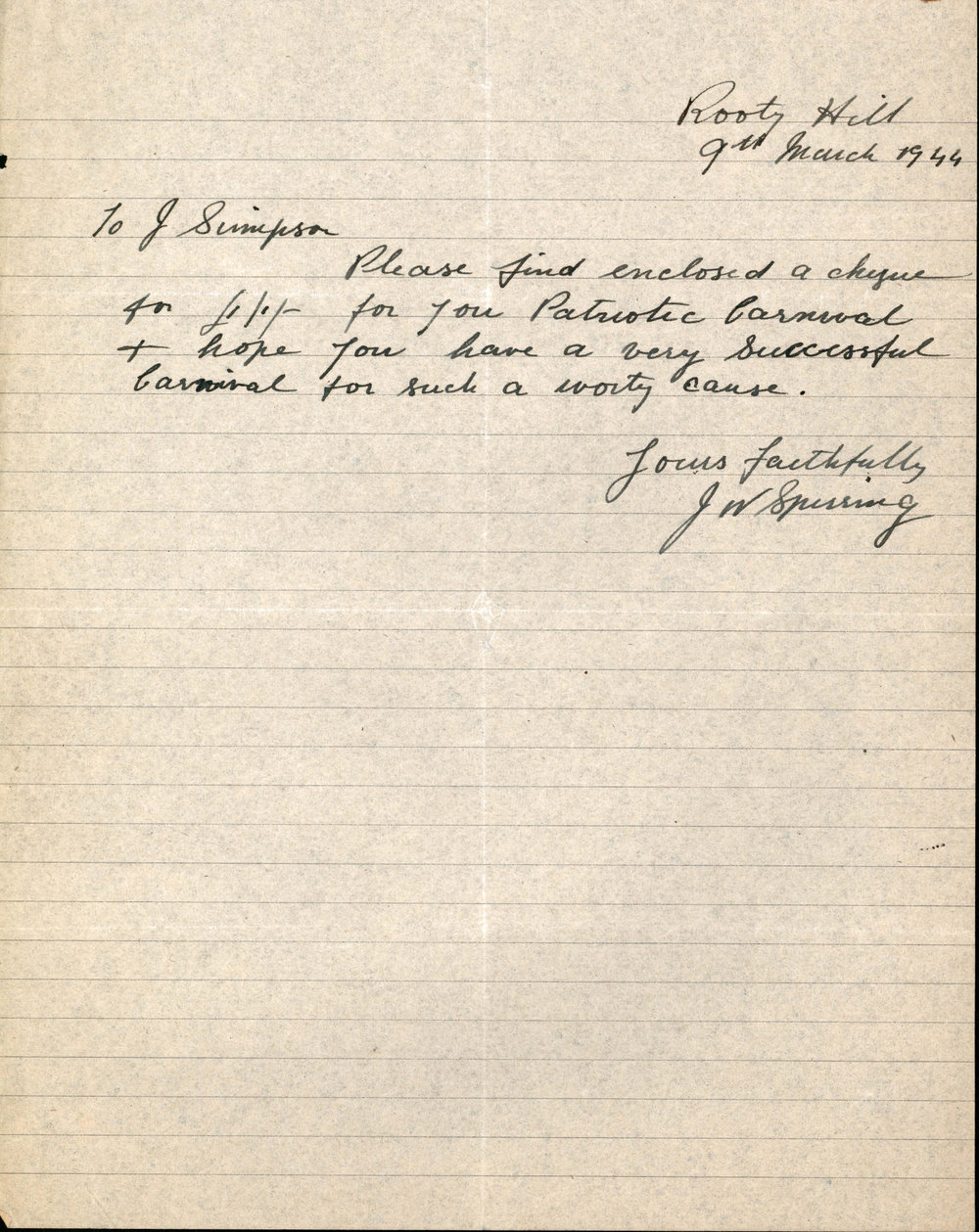 Letter from J W Sperring to James Simpson, 1944