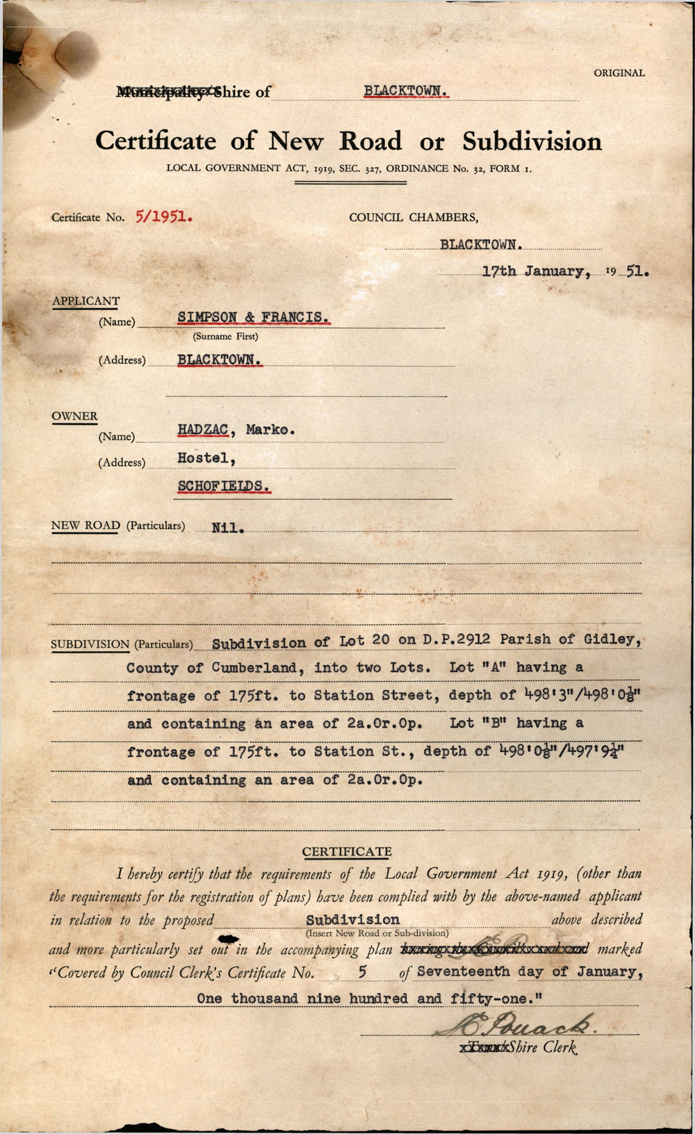 Certificate of New Road or Subdivision, 1951
