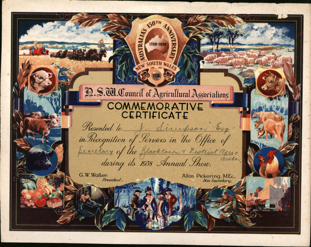 NSW Council of Agricultural Associations, Commemorative Certificate, 1938