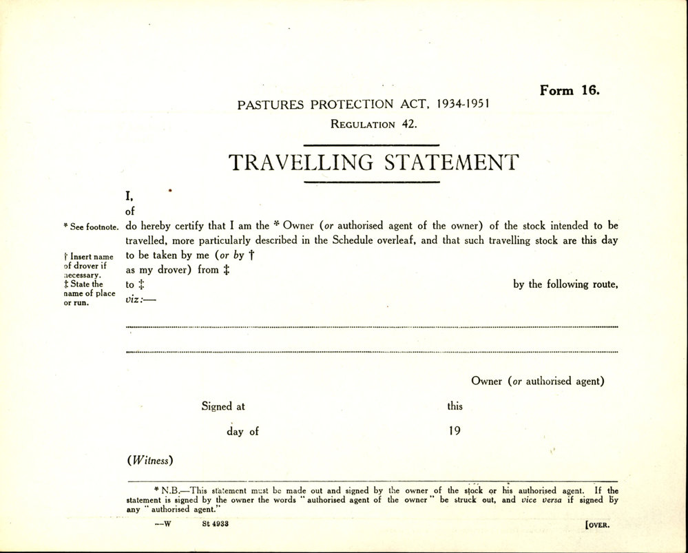 Travelling Statement, Pastures Protection Board, 1934-1951