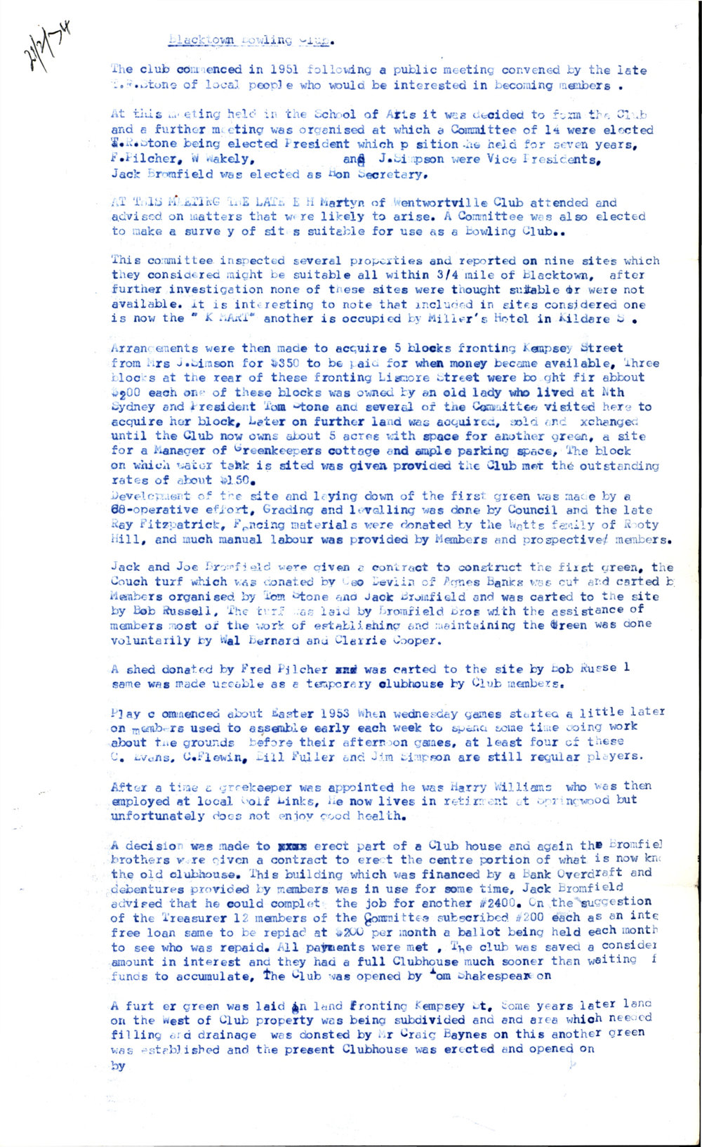 History of Blacktown Bowling Club, 1974