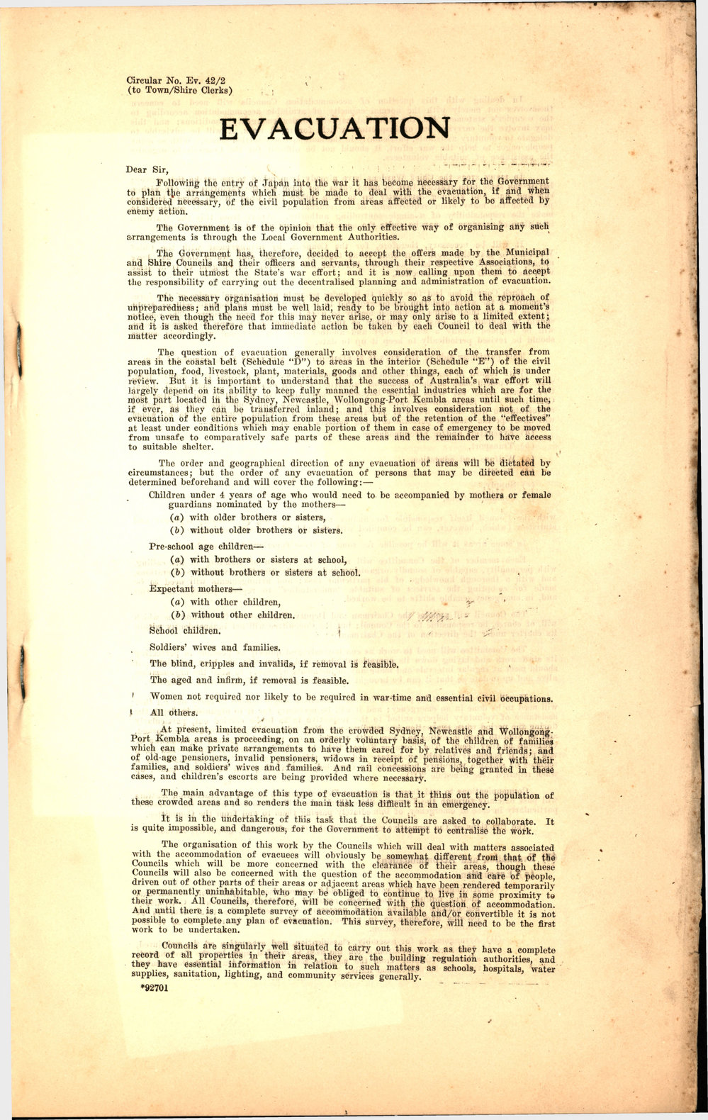 New South Wales Government Evacuation Circular 42/2/ 1942