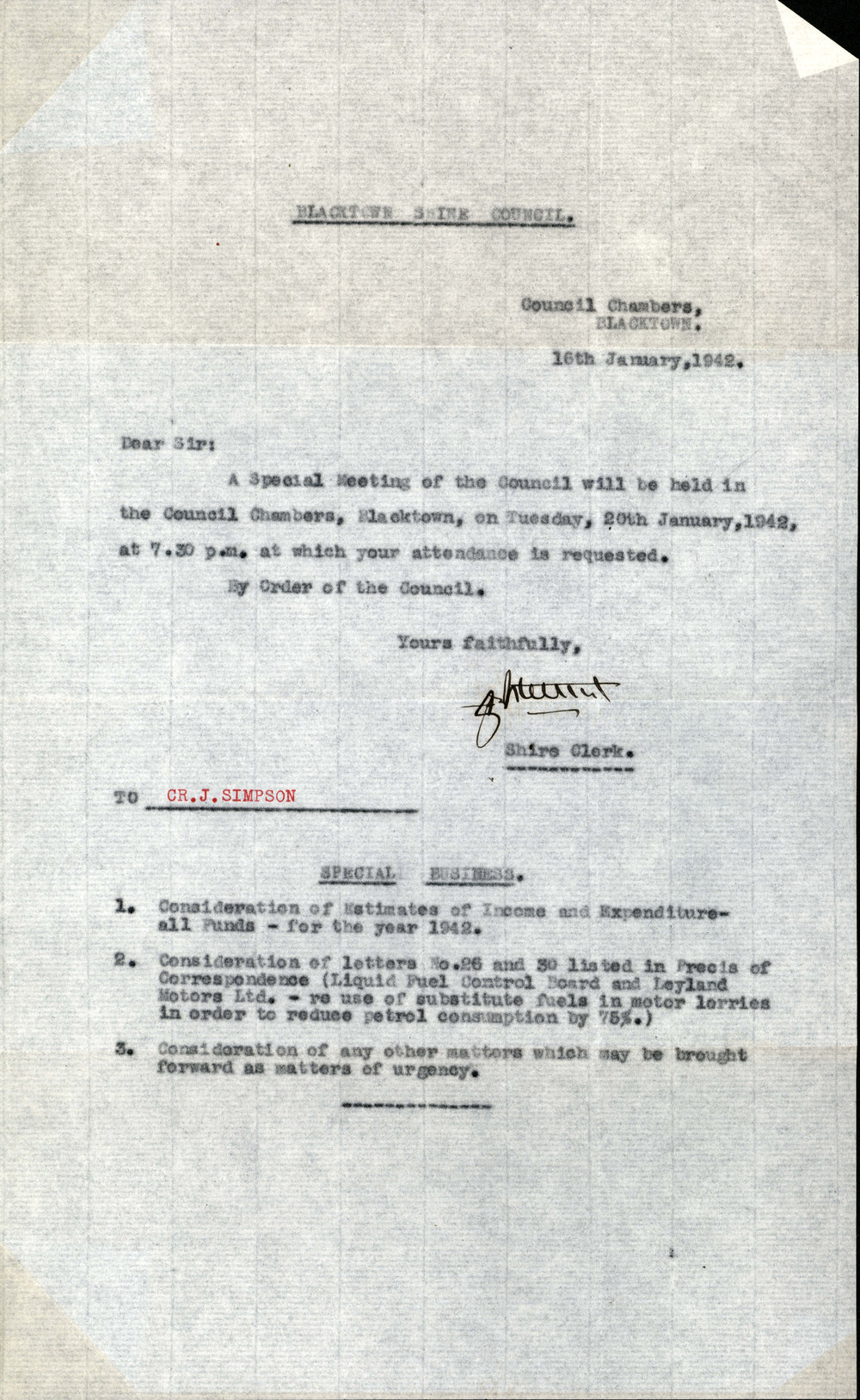 Blacktown Shire Council, Special Meeting, 1942