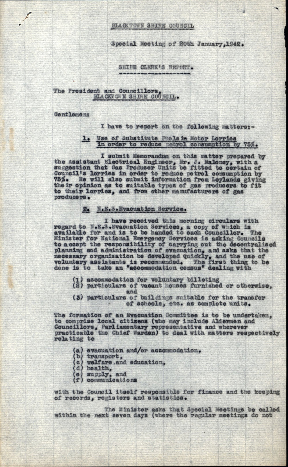 Blacktown Shire Council, Special Meeting 20 January 1942