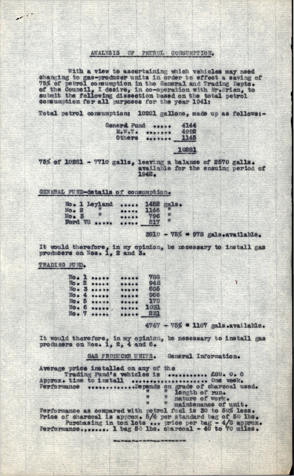 Analysis of Petrol Consumption, 1941