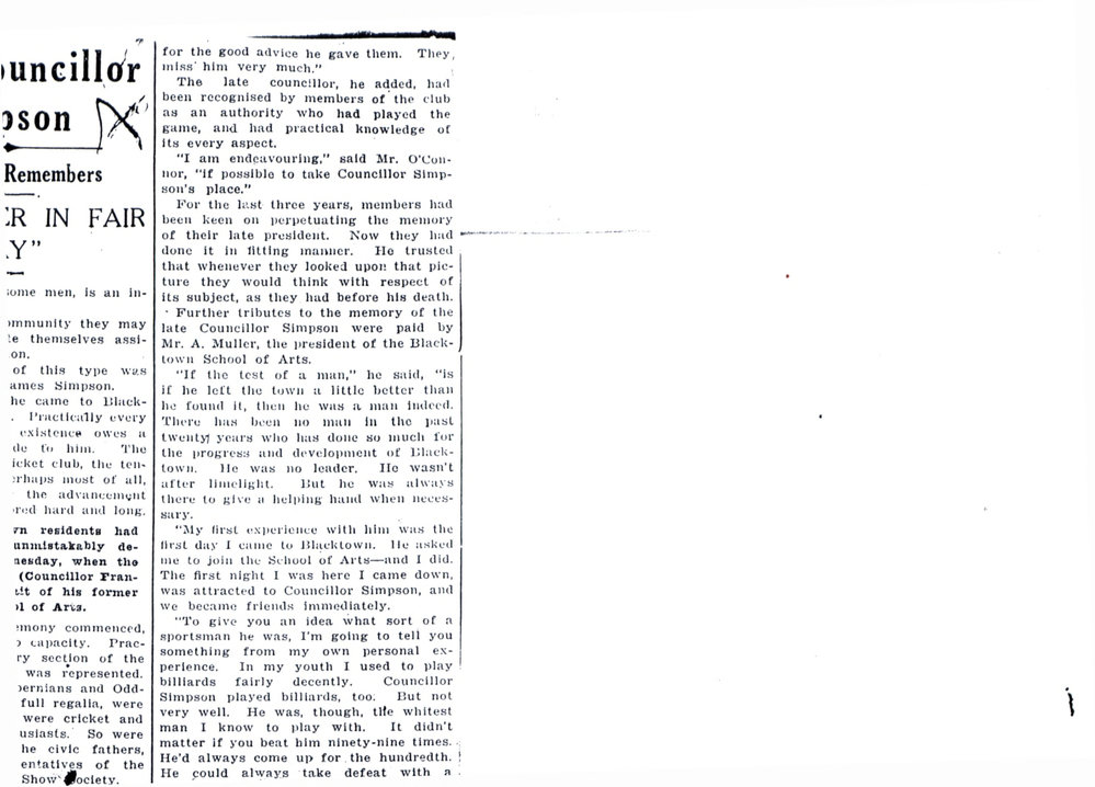 Late Councillor Simpson, Blacktown Remembers, 1929
