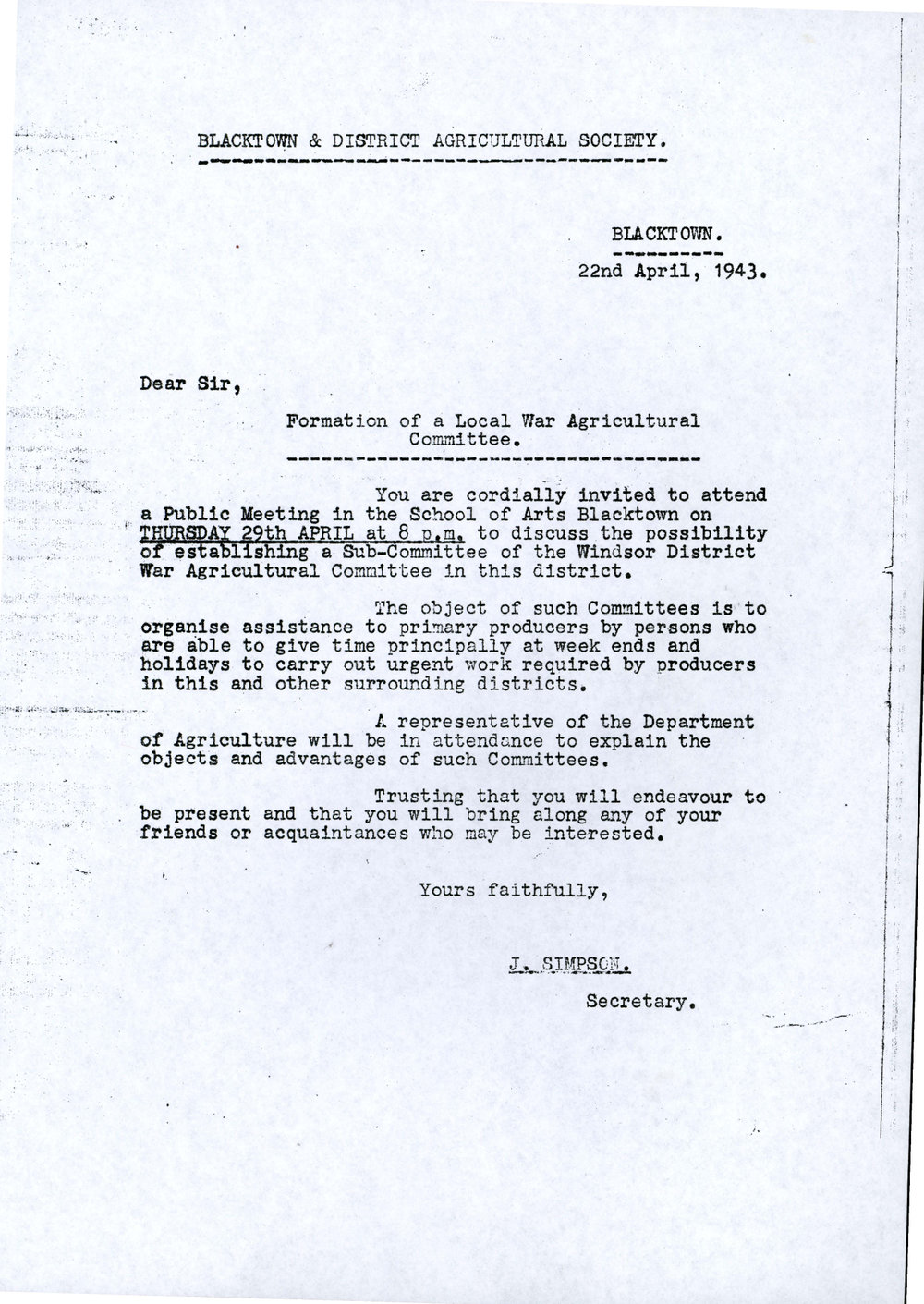 Formation of a Local War Agricultural Committee, 1943