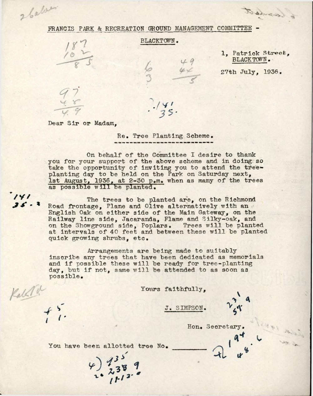 Tree Planting Scheme, Francis Park, 1936