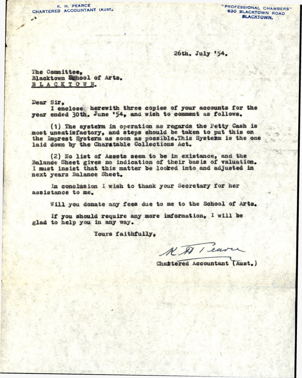 Blacktown School of Arts, Statement of Income and Expenditure, 1953-1954