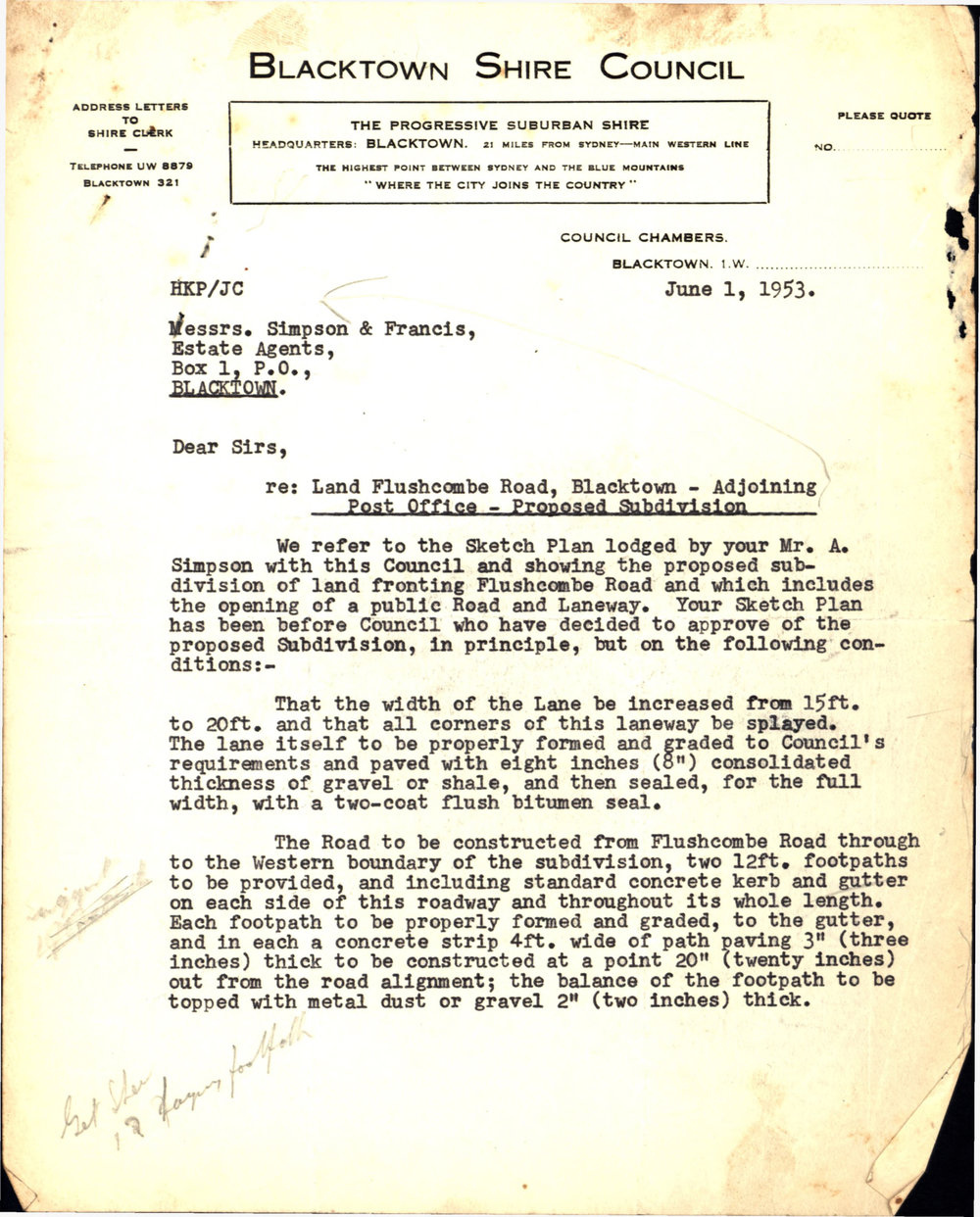 Proposed Subdivision, Flushcombe Road, Blacktown, 1953