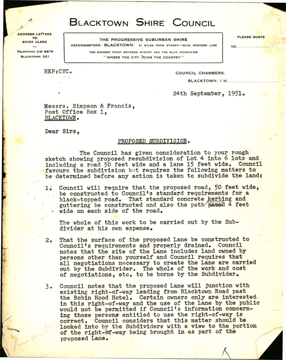 Proposed Subdivision, rear Kildare House, Blacktown, 1951