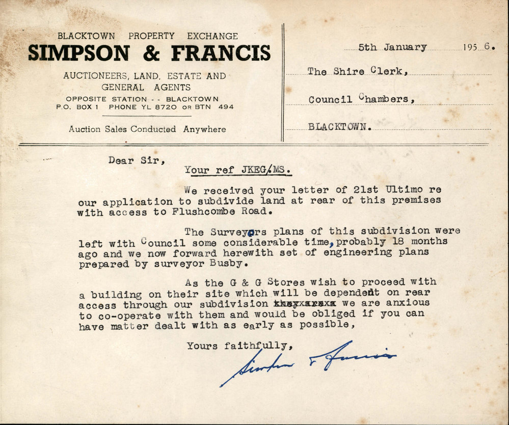 Response to Council Request to Submit Plans for Proposed Subdivision off Flushcombe Road, Blacktown, 1956