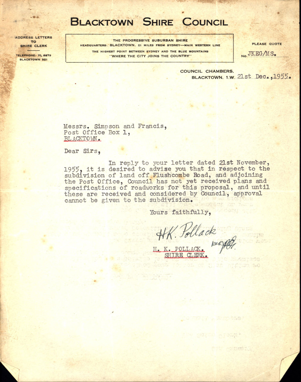 Proposed Subdivision of Land off Flushcombe Road, Blacktown, 1955