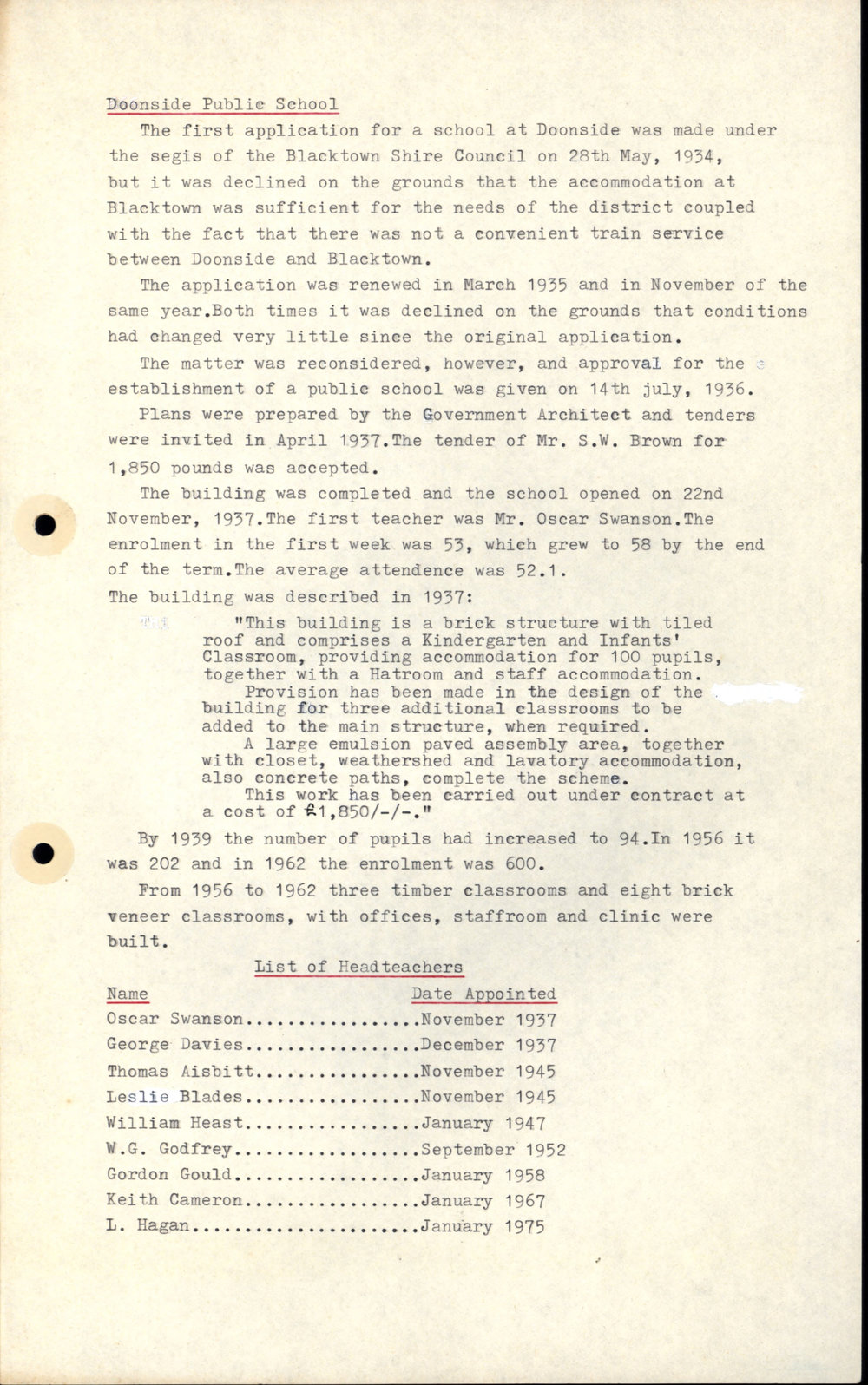 Doonside Public School history, 1937-1975