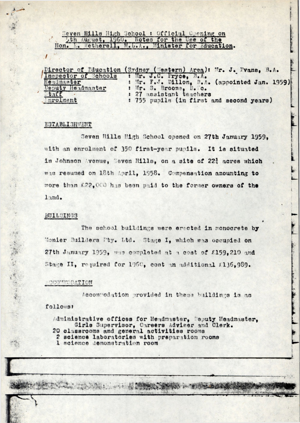 Seven Hills High School official opening, 1960