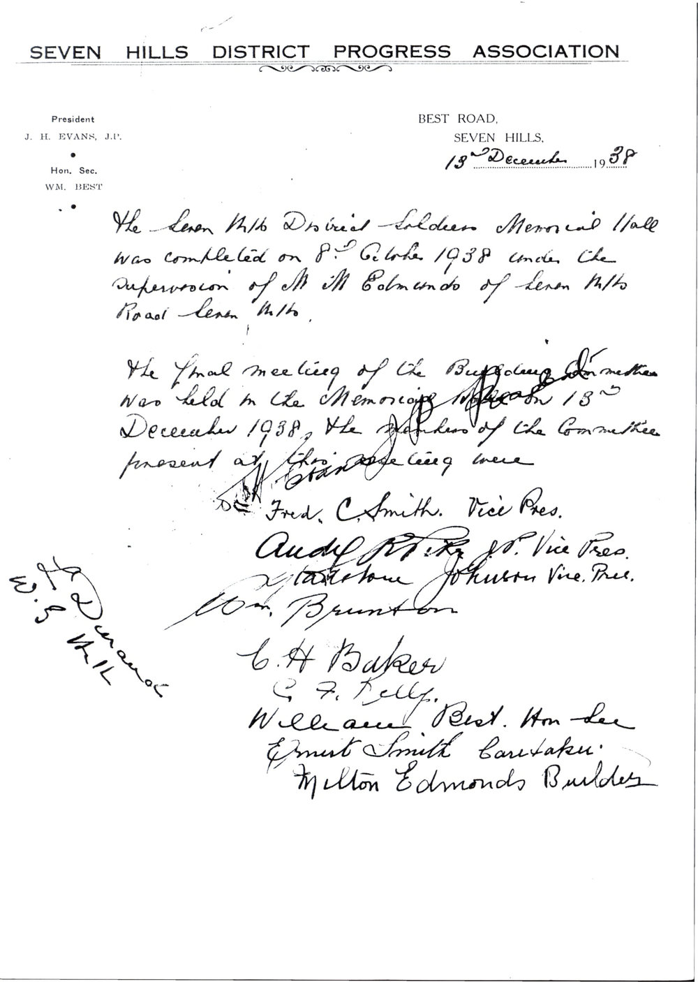 Seven Hills District Soldiers Memorial Hall, Seven Hills, 1938