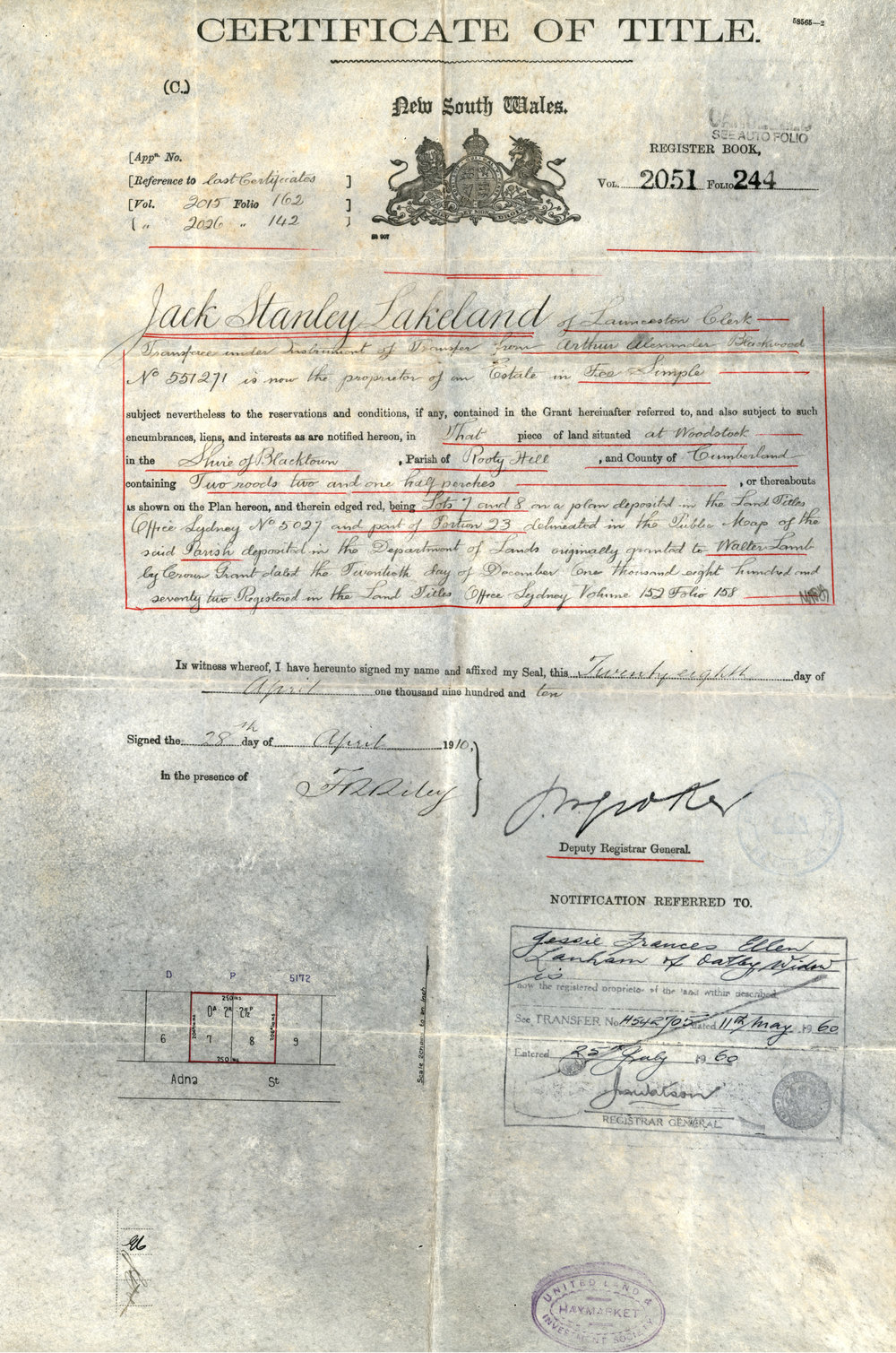 Certificate of Title, Part Portion 23, Parish of  Rooty Hill