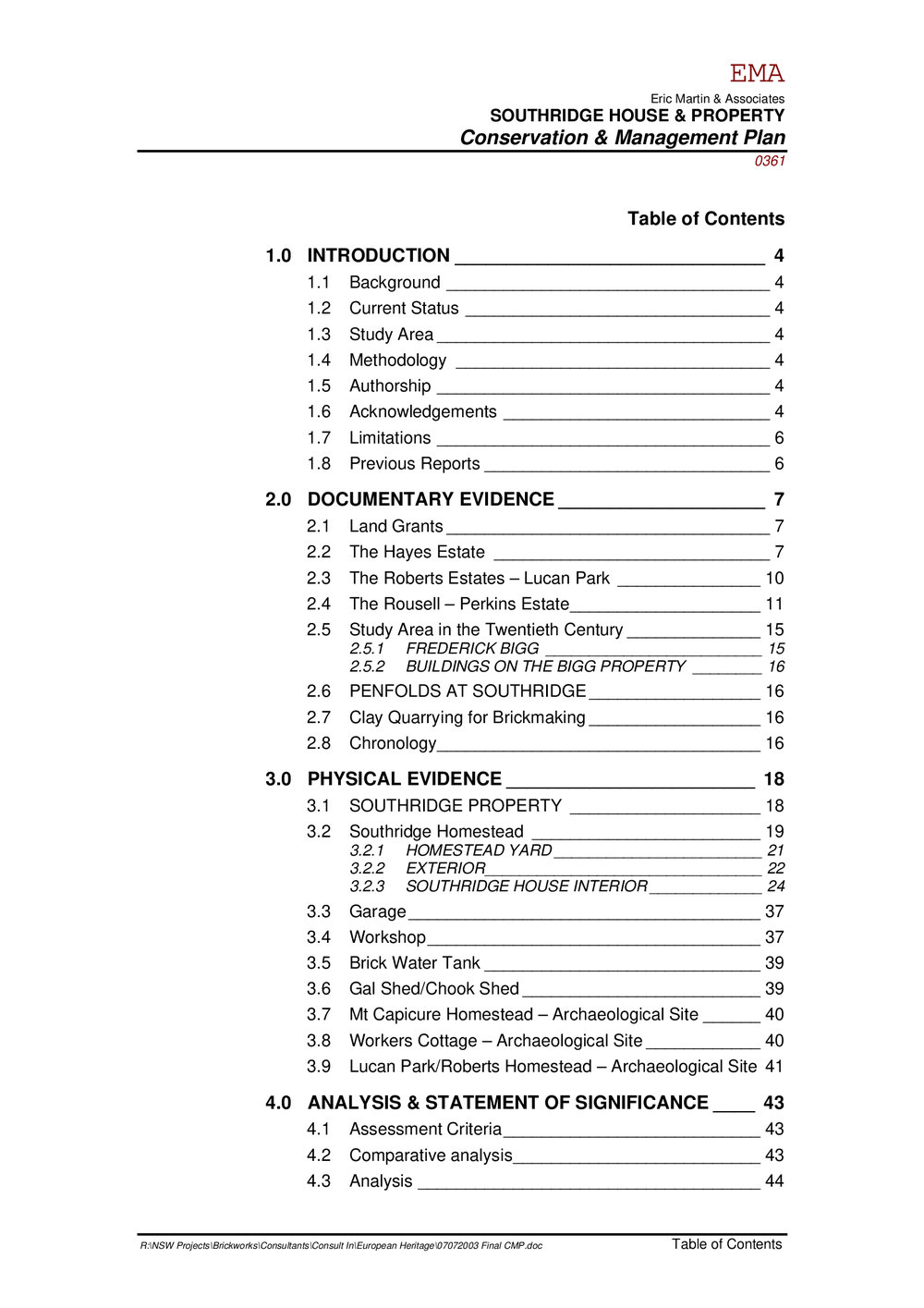Southridge House and Property,  Conservation Management Plan, 2003