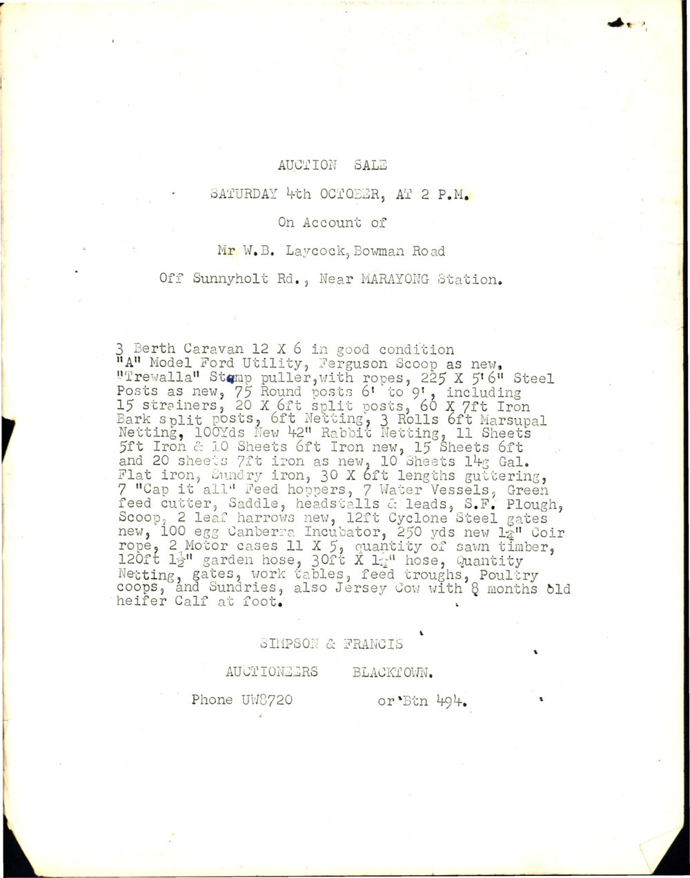 Auction Sale W B Laycock, and Estate of James Leabon Deceased, 1952