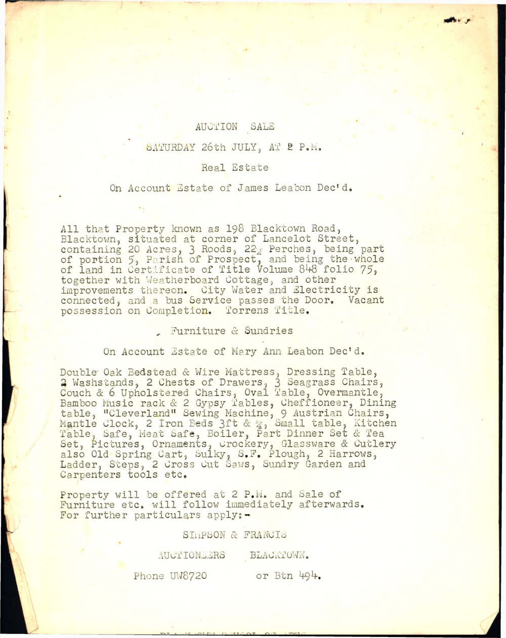 Estate of James Leabon and Mary Ann Leabon Deceased, Auction Sale, ?1952