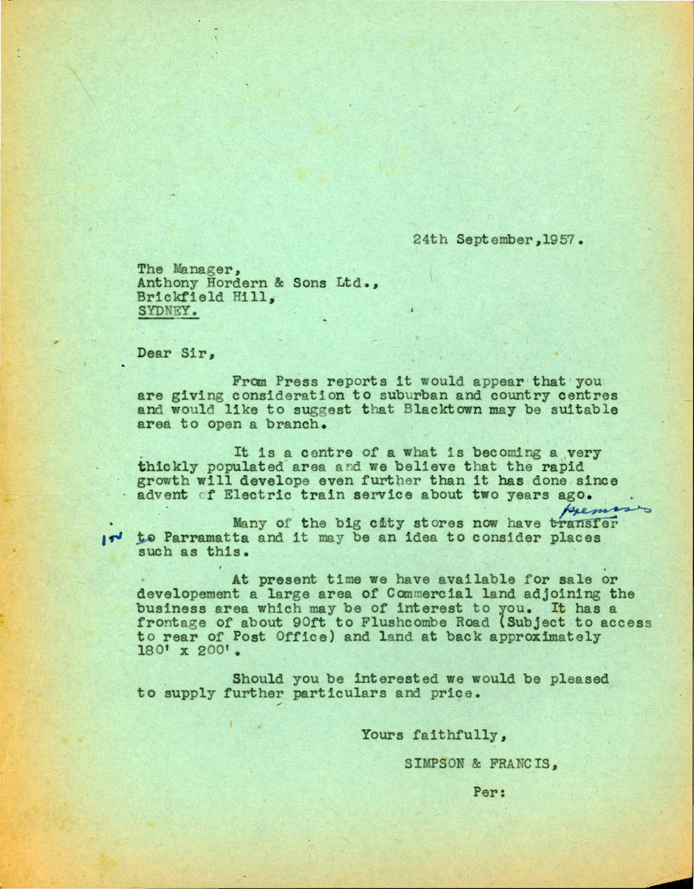 Letter from James Simpson to Anthony Hordern and Sons Limited, 1957