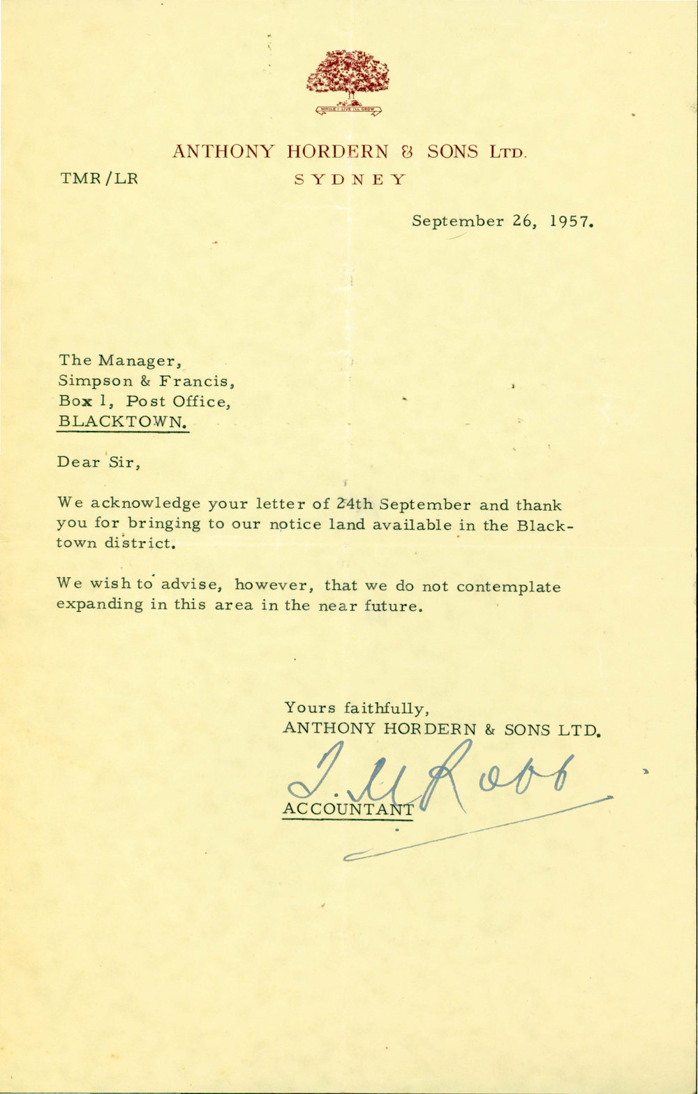 Letter from Anthony Hordern &amp; Sons to James Simpson, 1957