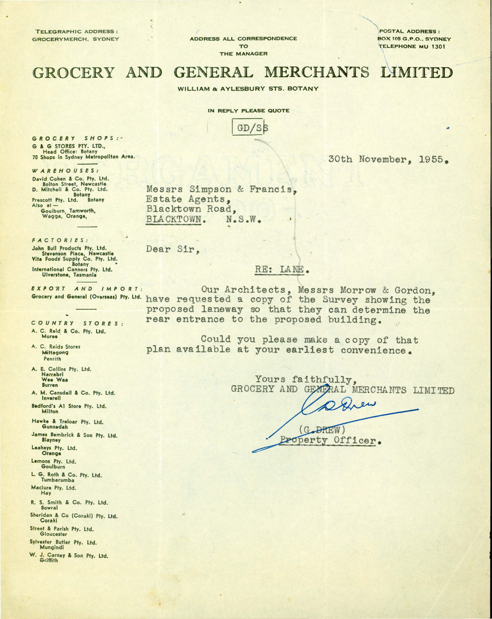 Letter from Grocery and General Merchants Limited to Simpson &amp; Francis, 1955