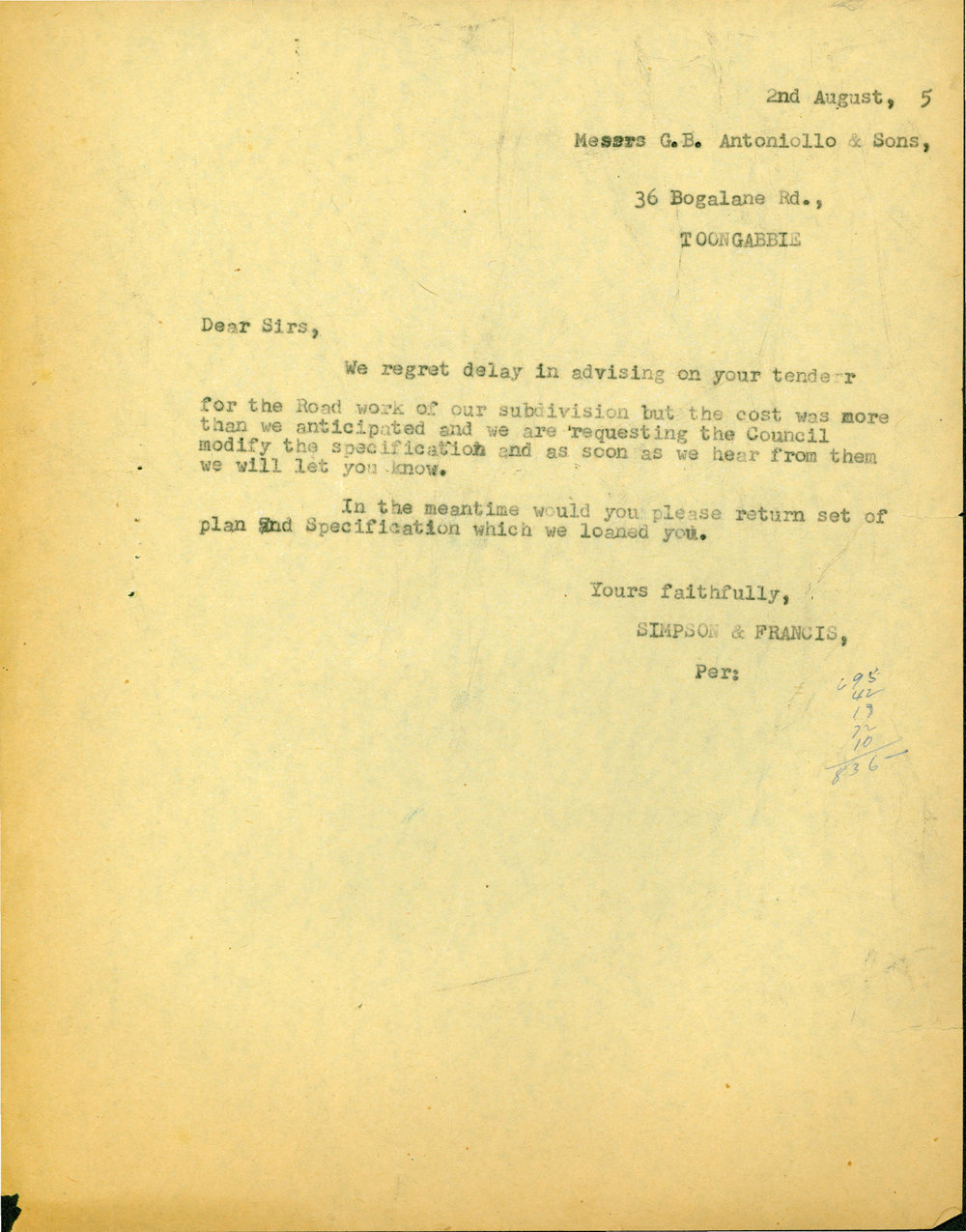 Letter from James Simpson to G B Antoniollo and Sons, 1955