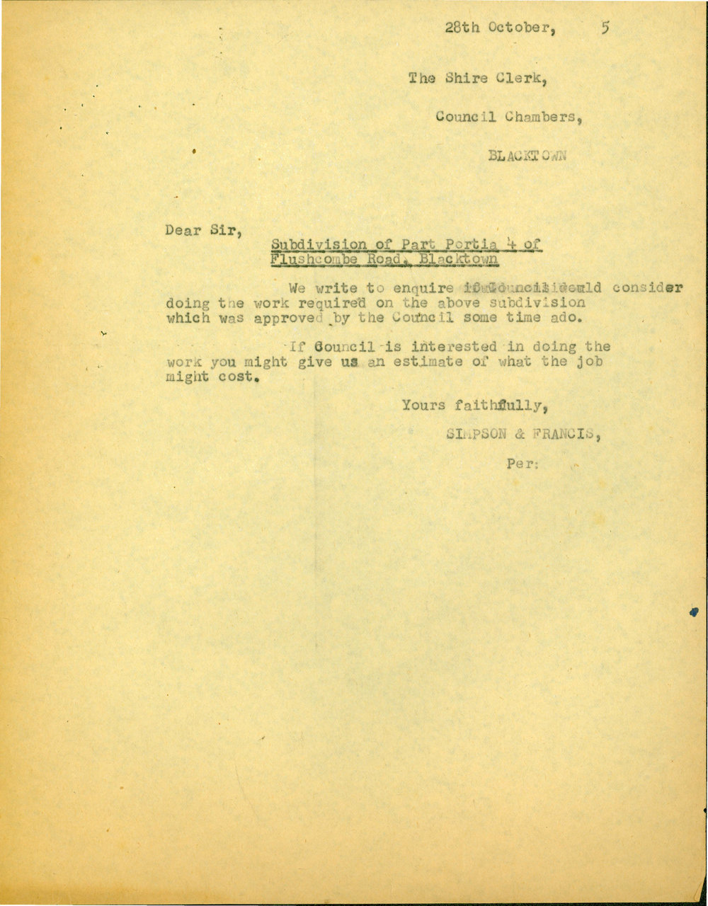 Subdivision of Part Portion 4, Flushcombe Road, Blacktown, 1955