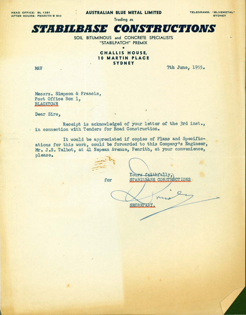 Letter from Stabilbase Constructions to James Simpson, 1955