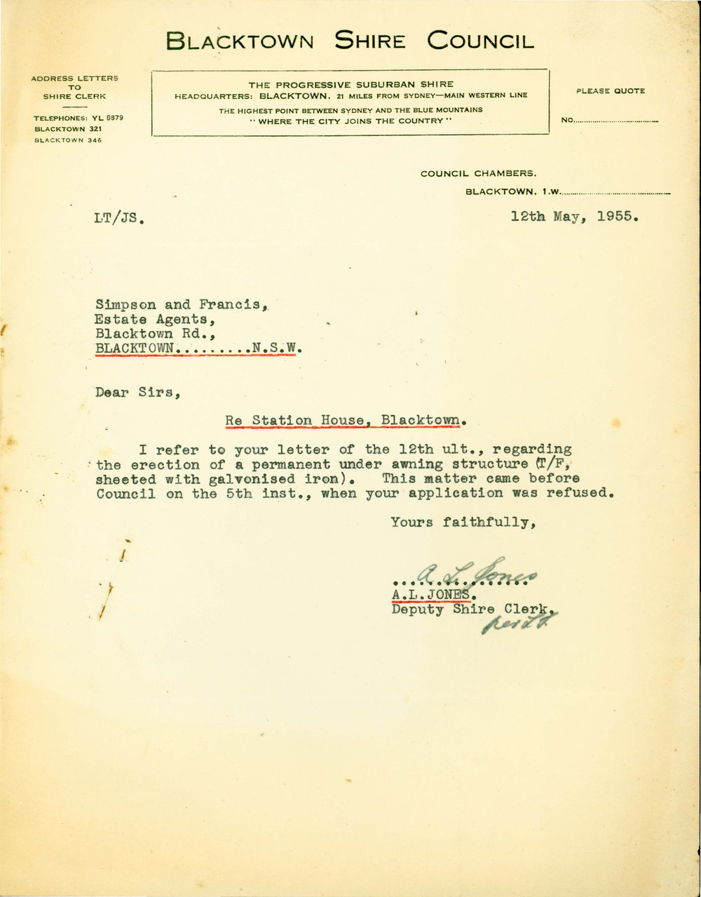 Application to Erect a Permanent Awning, Station House Blacktown, 1955