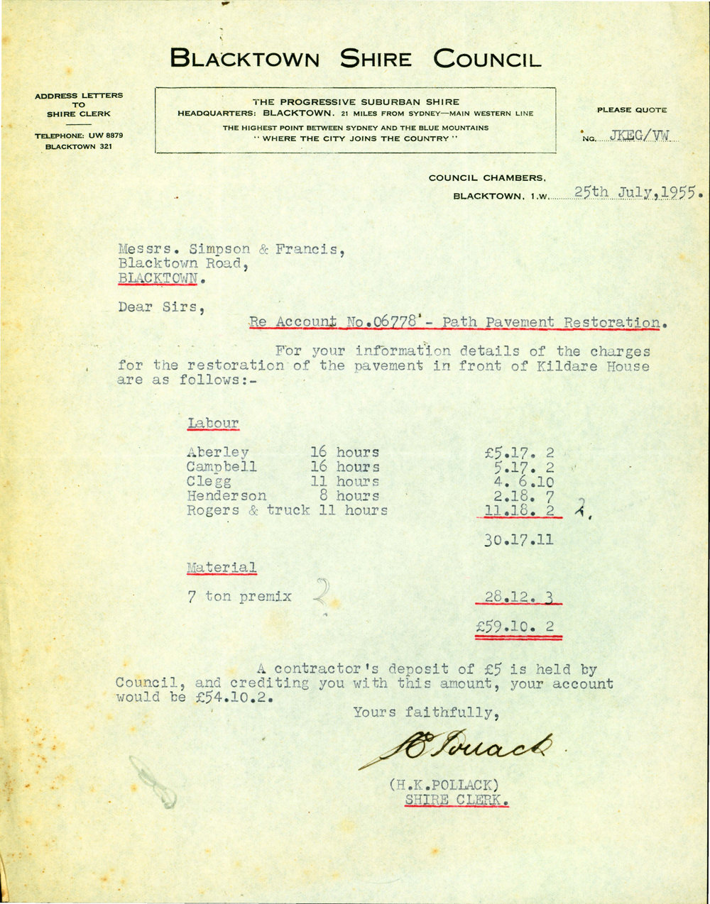 Letter from Herbert Kinder Pollack to James Simpson, 1955