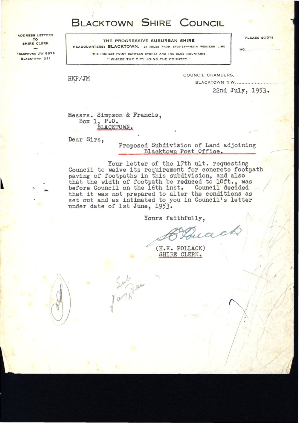Letter to Simpson &amp; Francis from Blacktown Shire Clerk, 1953