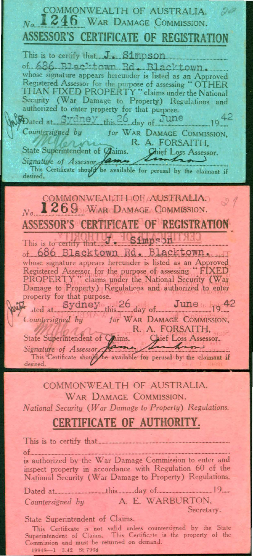 Assessor's Certificate of Registration, War Damage Commission, 1942