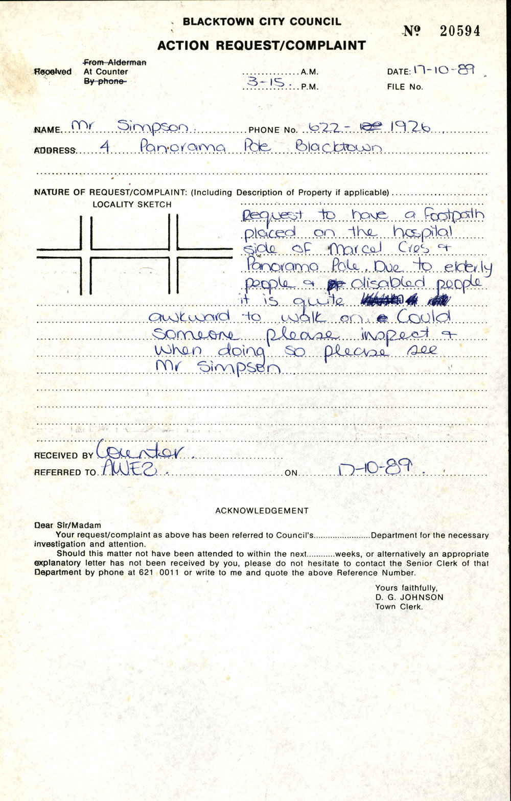 Request for Footpath, Marcel Crescent, Blacktown, 1989