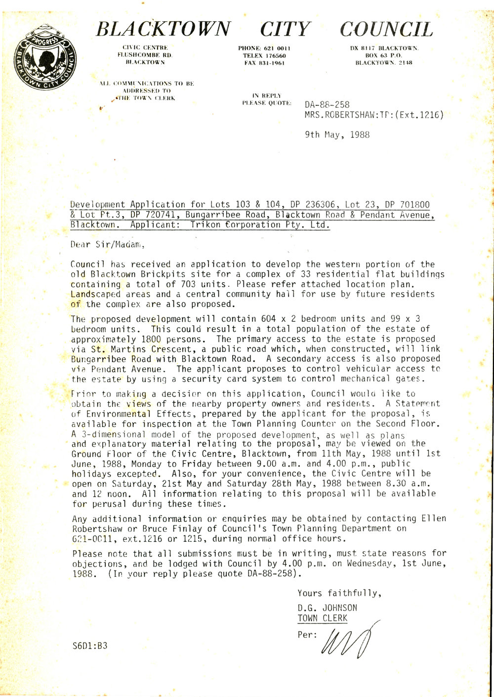 Development Application Lots 103 &amp; 104 Bungarribee Road, Blacktown Road and Pendant Avenue, Blacktown, 1988