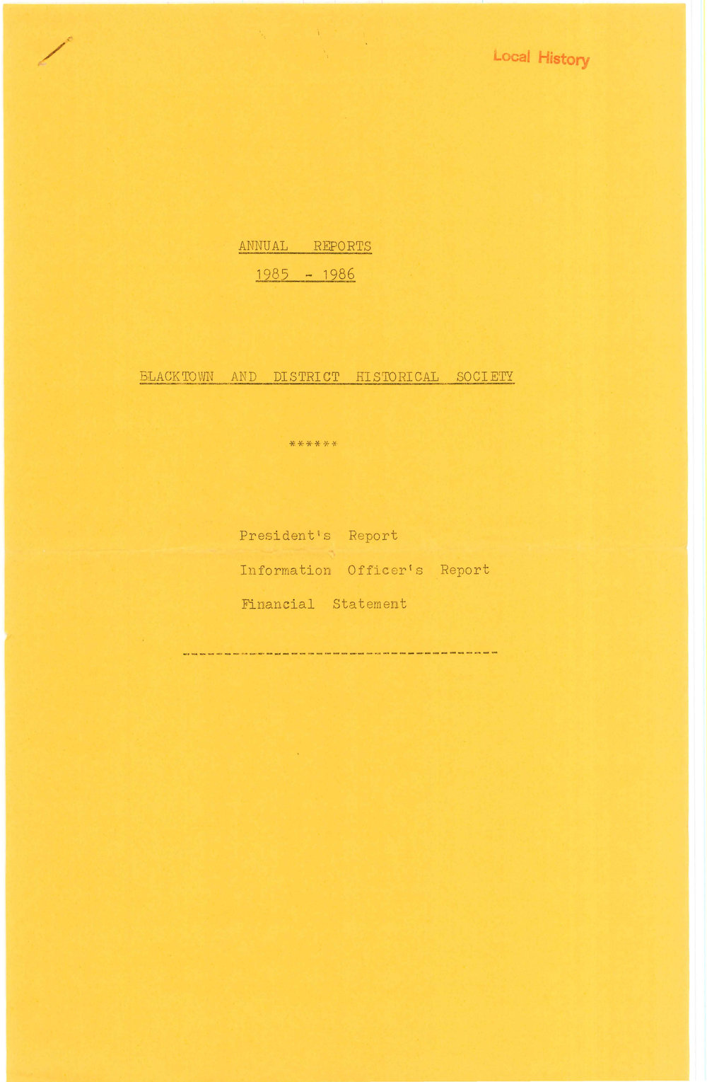 Blacktown and District Historical Society Annual Report, 1985 -1986