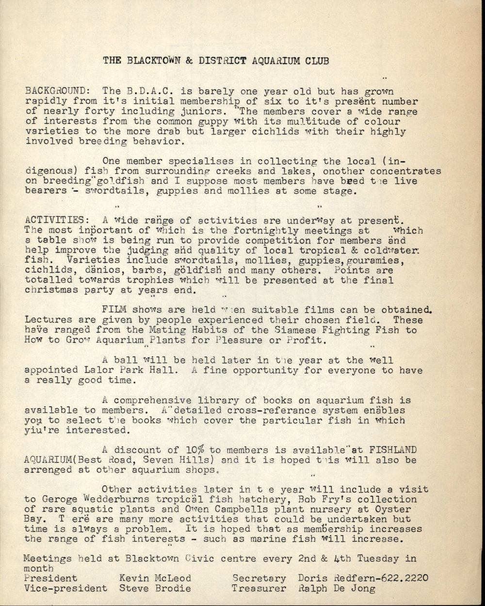 Blacktown &amp; District Aquarium Club Information Sheet