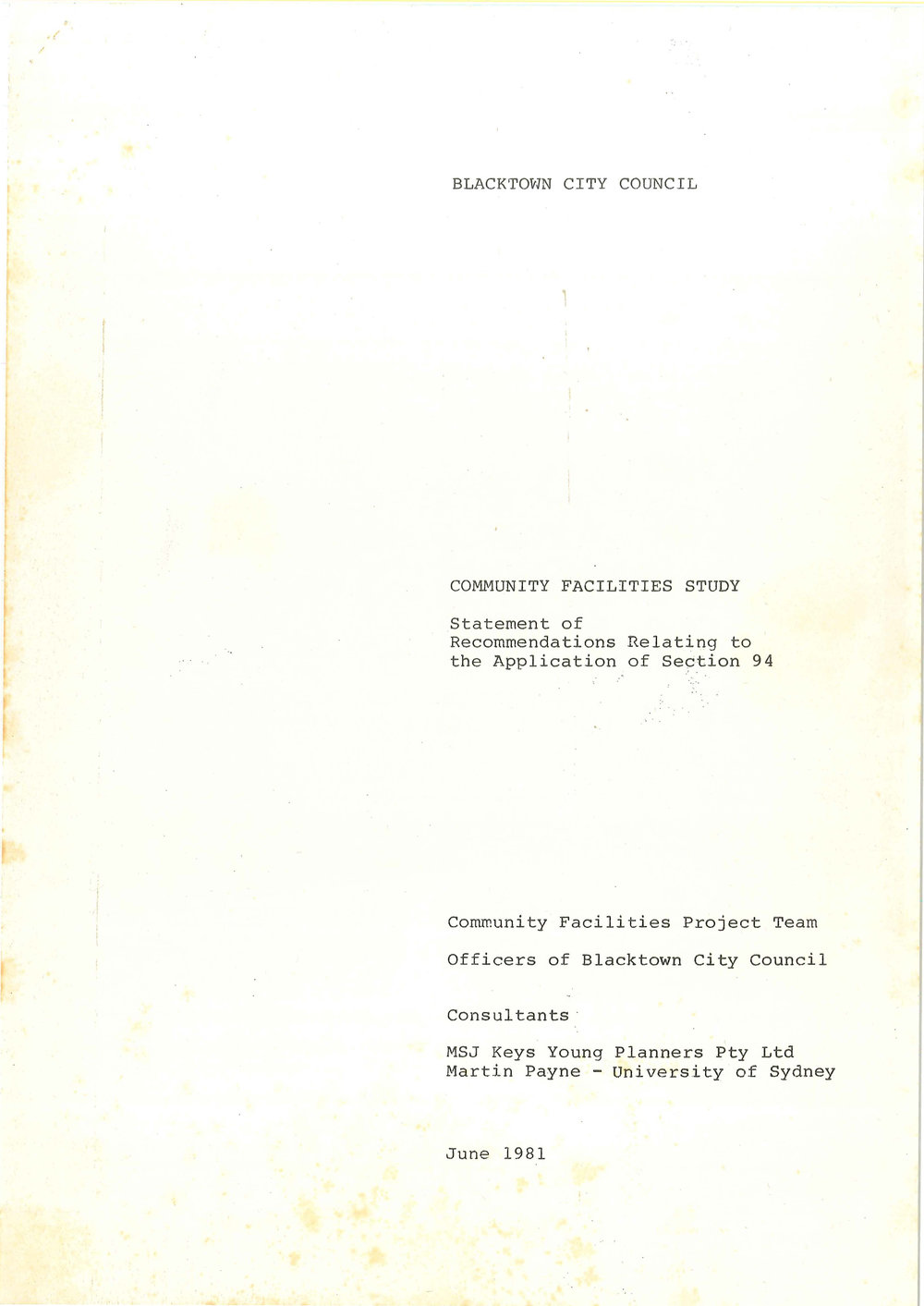 Blacktown City Council Community Facilities Study Section 94, 1981