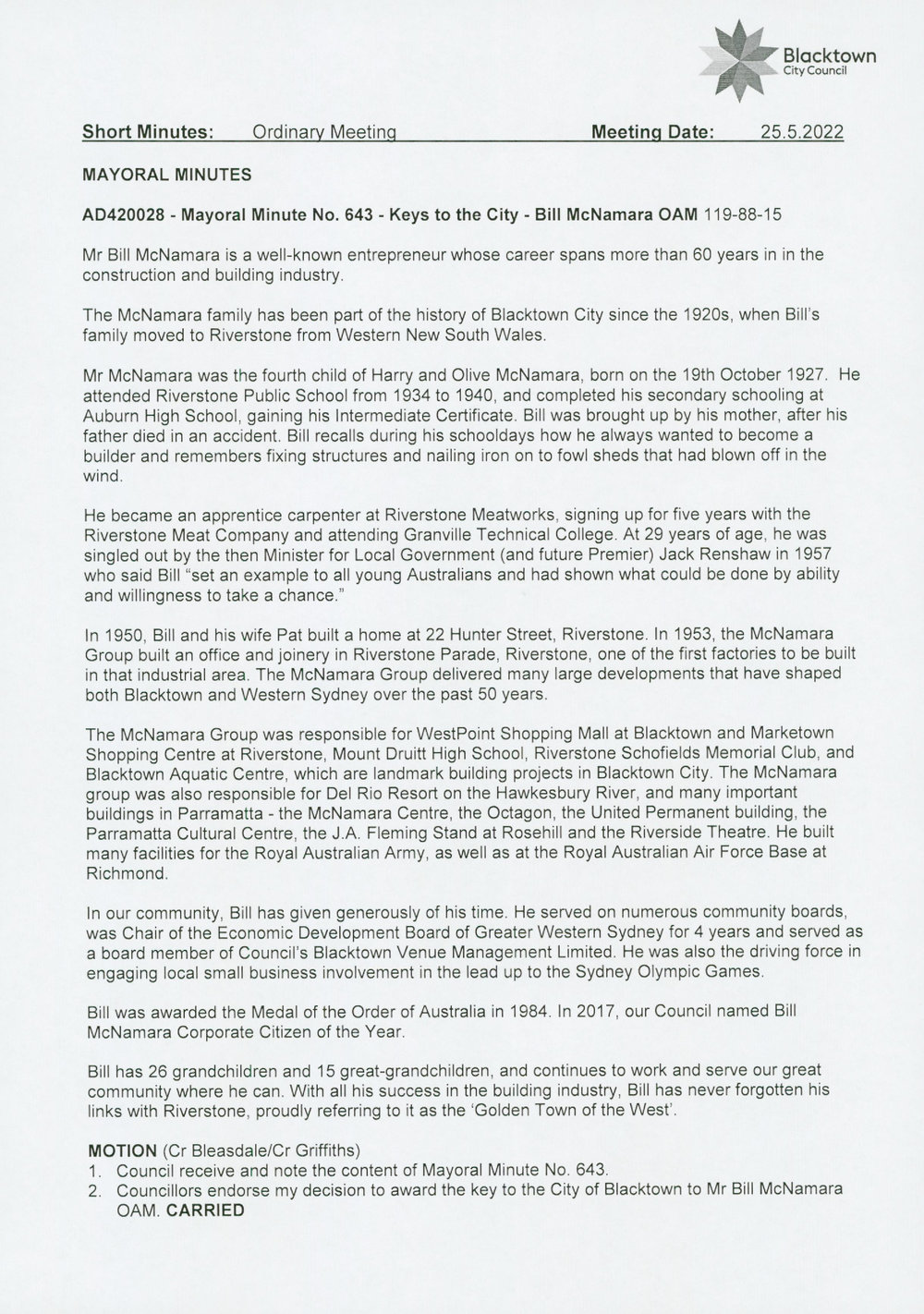 Bill McNamara OAM (Mayoral Minute No 643), 2022