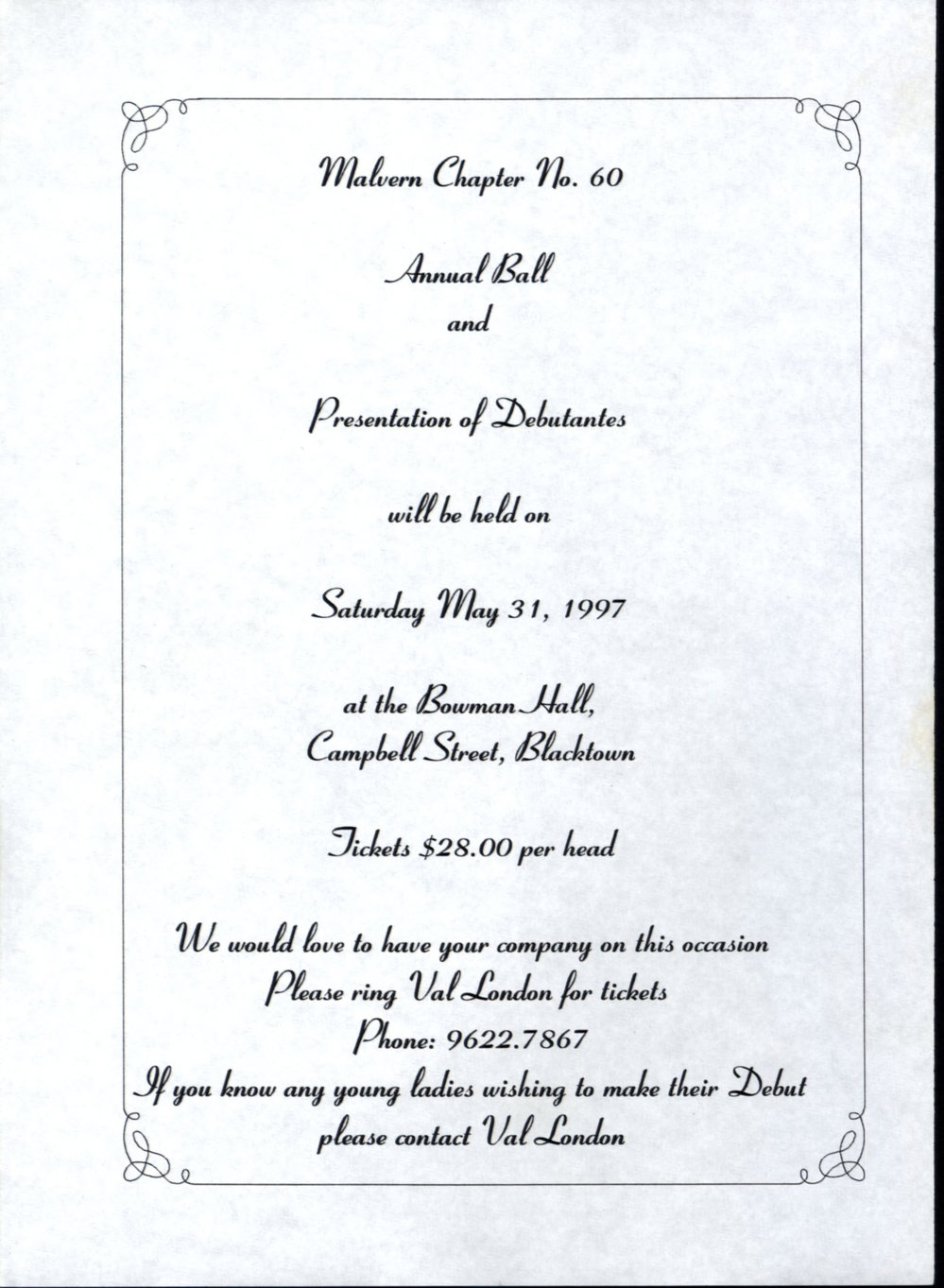 Malvern Chapter No 60 Annual Ball and Presentation of Debutantes, 1997