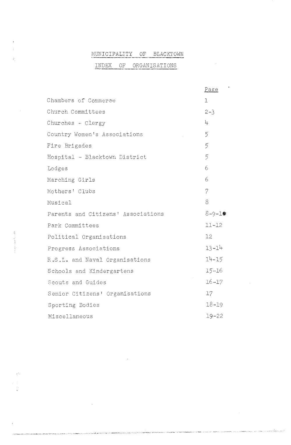 Index of Organisations, Municipality of Blacktown, 1963