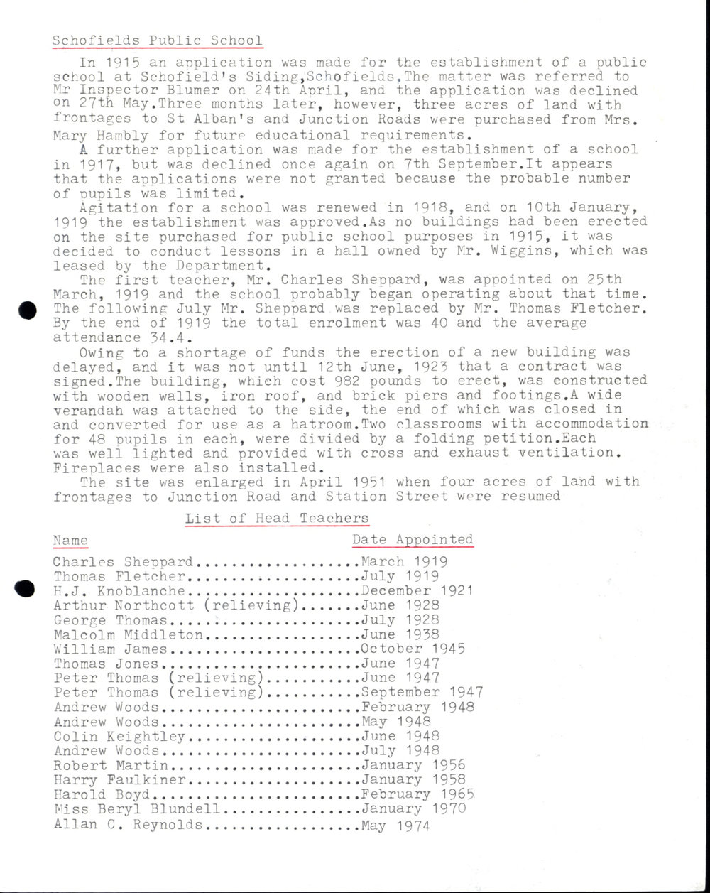 Schofields Public School History, c 1970s