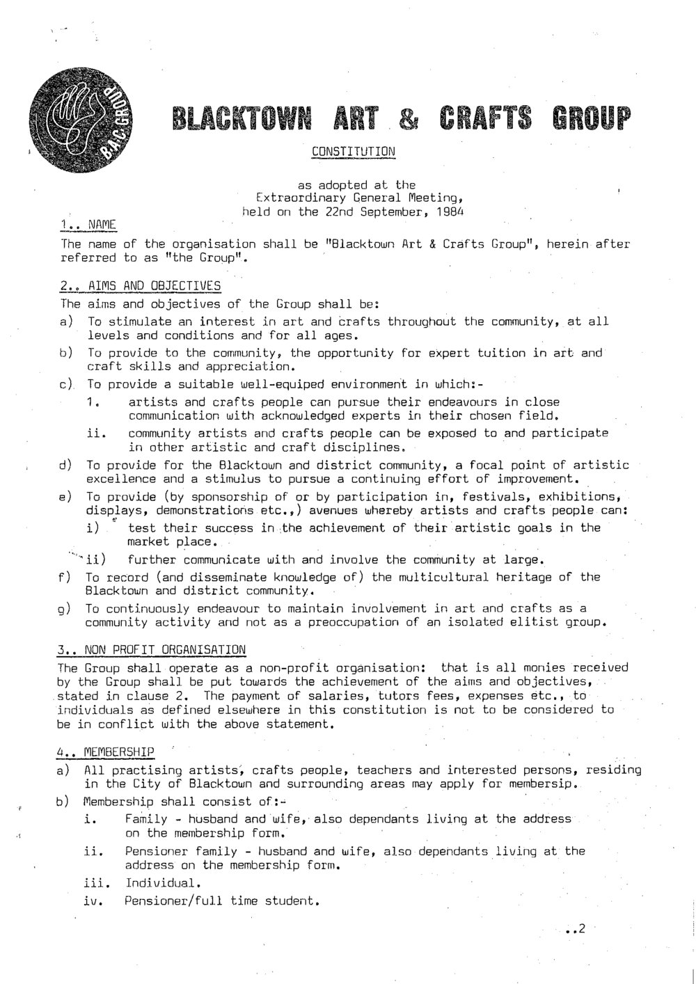 Blacktown Art and Crafts group Constitution, 1984