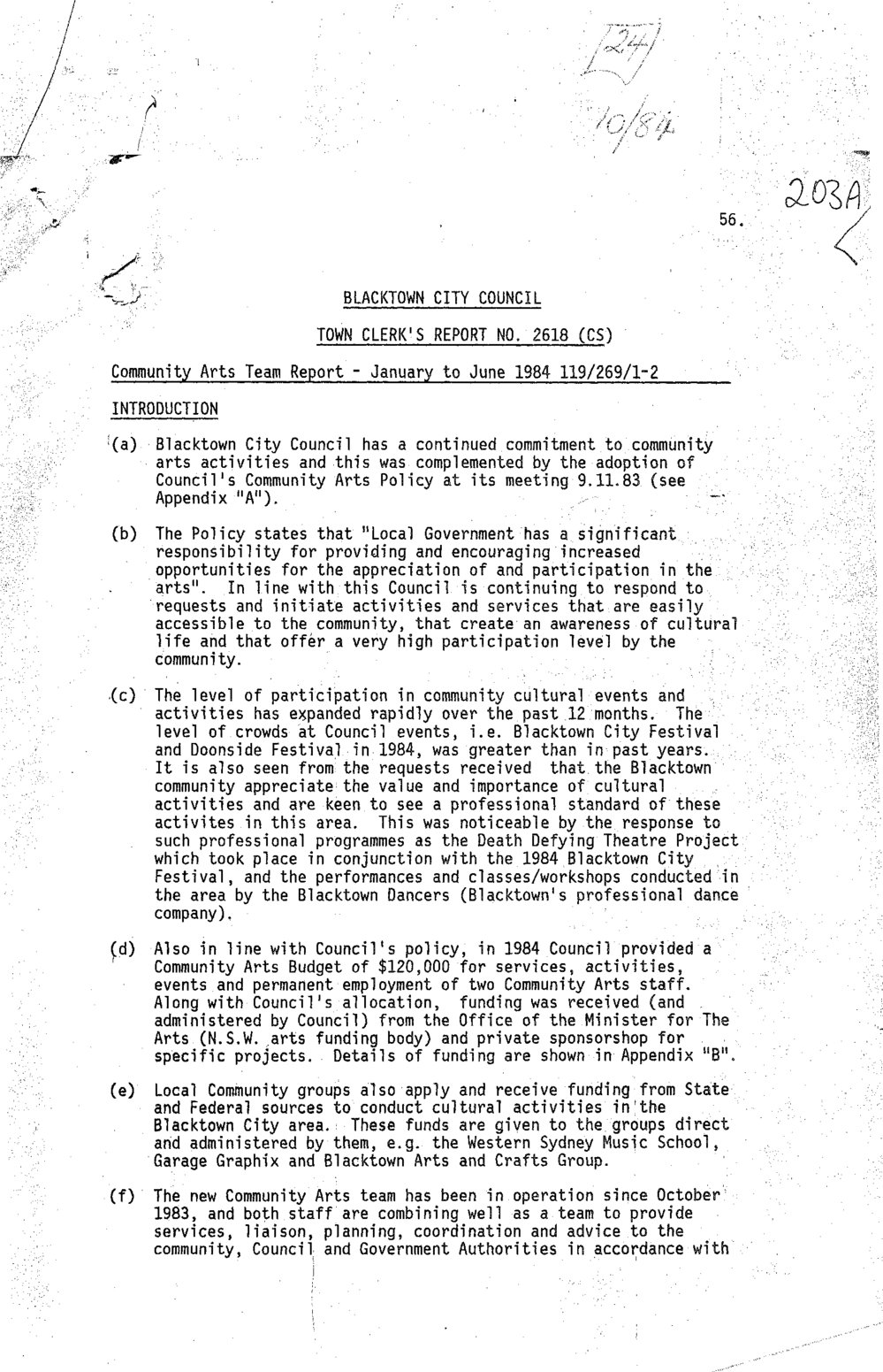 Blacktown City Council Community Arts Team Report, Jan0Jun 1984