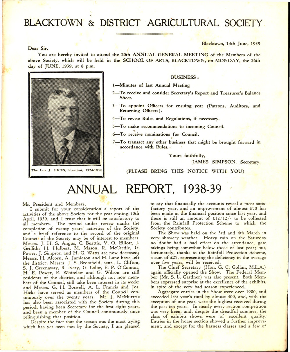 Blacktown &amp; District Agricultural Society, Annual Report, 1938-1939