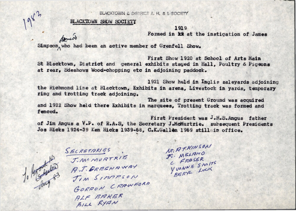 Blacktown Show Society brief history, 1983