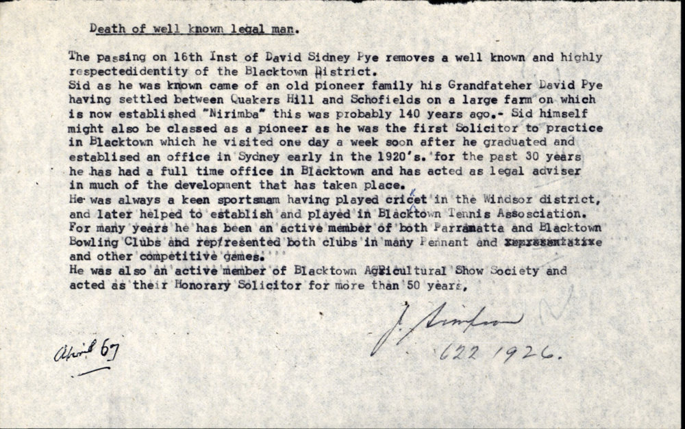 Death of Well Known Legal Man, David Sidney Pye, 1967