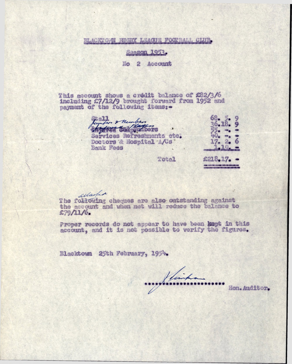 Blacktown Rugby League Football Club No 2 Account, 1954