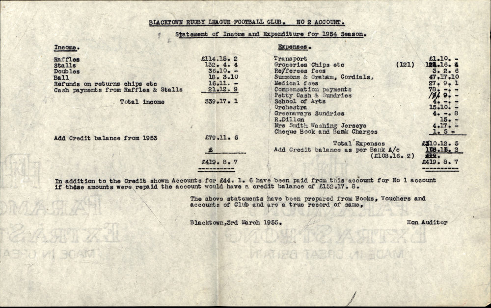 Blacktown Rugby League Football Club, Statement of Expenditure and Income, 1954